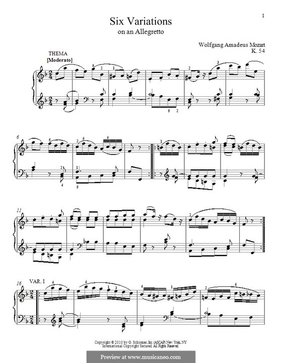 Six Variations on Original Theme, K.54: For piano by Wolfgang Amadeus Mozart