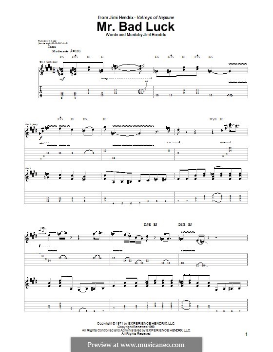 Mr. Bad Luck: For guitar with tab by Jimi Hendrix