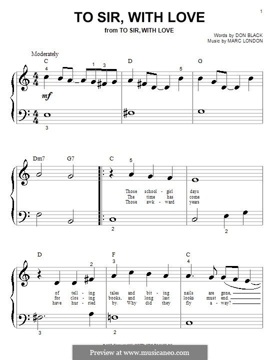 To Sir, with Love: For piano (very easy version) by Marc London