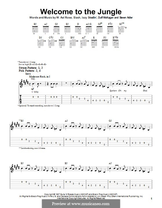 Welcome To The Jungle (Guns N' Roses): For guitar (very easy version) by Slash, W. Axl Rose, Duff McKagan, Izzy Stradlin, Steven Adler