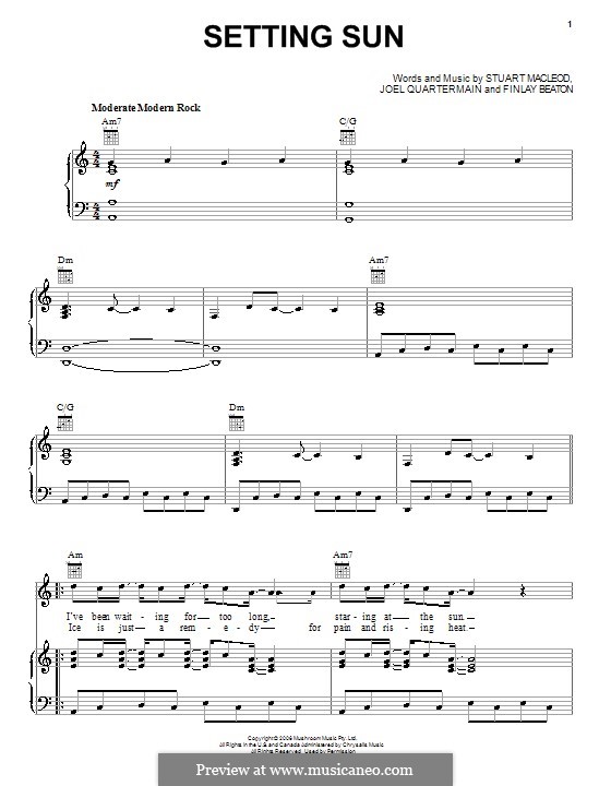 Setting Sun (Eskimo Joe): For voice and piano (or guitar) by Joel Quartermain, Kavyen Temperley, Stuart MacLeod