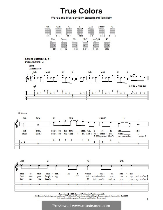 True Colors: For easy guitar with tabulature by Billy Steinberg, Tom Kelly
