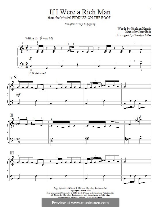 If I Were a Rich Man (from The Fiddler on the Roof): For piano by Jerry Bock