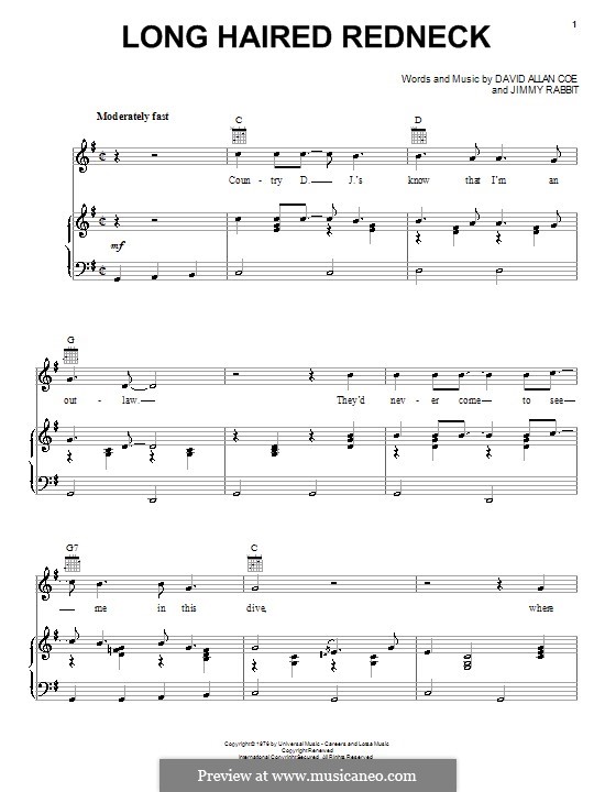 Long Haired Redneck By J Rabbit Sheet Music On Musicaneo