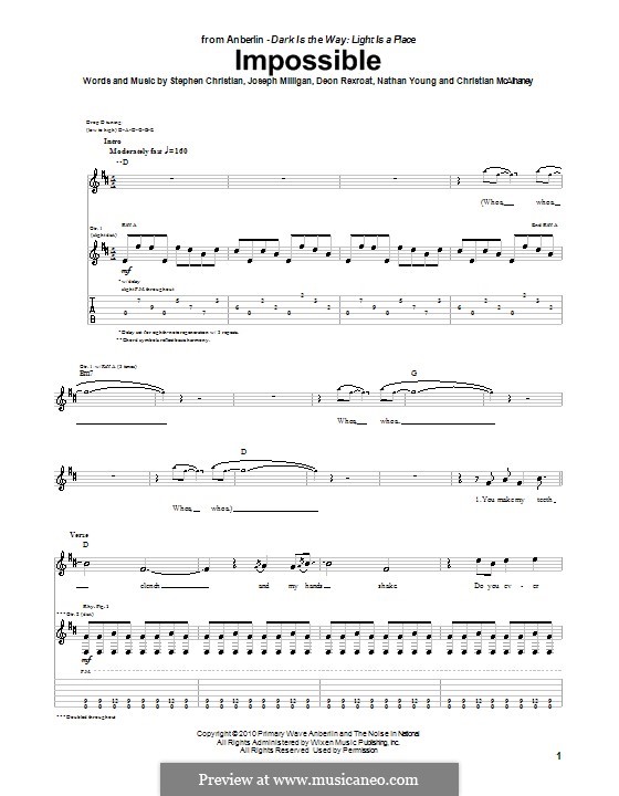 Impossible (Anberlin): For guitar with tab by Christian McAlhaney, Deon Rexroat, Joseph Milligan, Nathan Young, Stephen Christian