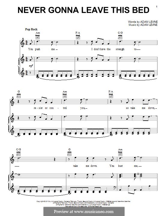 Never Gonna Leave This Bed (Maroon 5): For voice and piano (or guitar) by Adam Levine