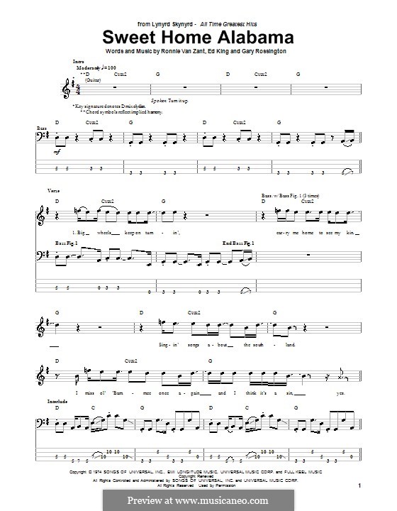 Sweet Home Alabama (Lynyrd Skynyrd): For bass guitar with tab by Ed King, Gary Rossington, Ronnie Van Zant