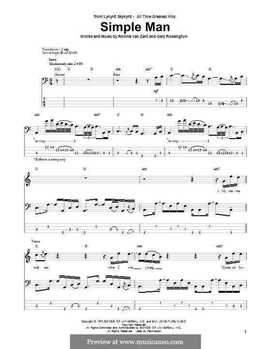 Simple Man (Lynyrd Skynyrd): For bass guitar with tab by Gary Rossington, Ronnie Van Zant