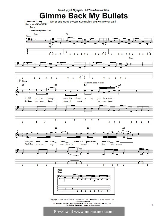 Gimme Back My Bullets (Lynyrd Skynyrd): For bass guitar with tab by Gary Rossington, Ronnie Van Zant