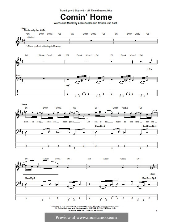 Comin' Home (Lynyrd Skynyrd): For bass guitar with tab by Allen Collins, Ronnie Van Zant