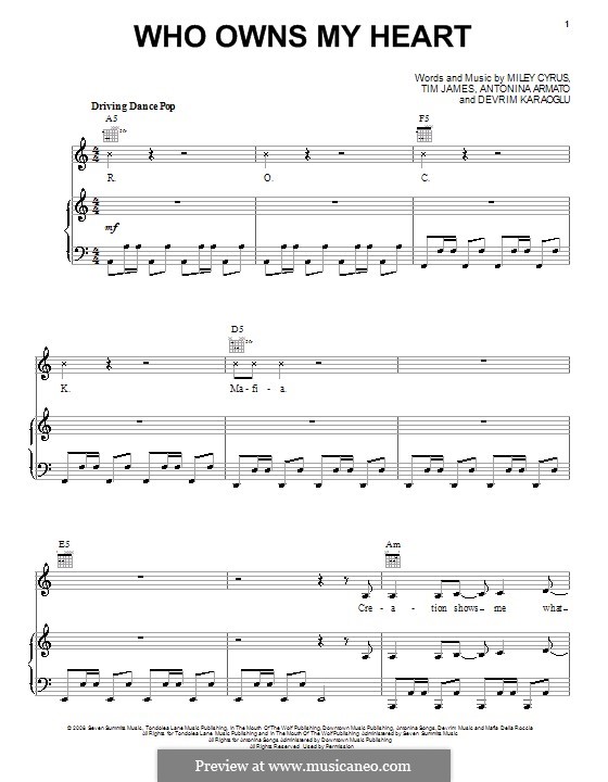 Who Owns My Heart (Miley Cyrus): For voice and piano (or guitar) by Antonina Armato, Devrim Karaoglu, Timothy James
