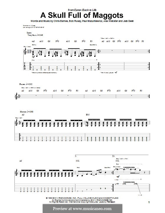 A Skull Full of Maggots (Cannibal Corpse): For guitar with tab by Alex Webster, Bob Rusay, Chris Barnes, Jack Owen, Paul Mazurkiewicz