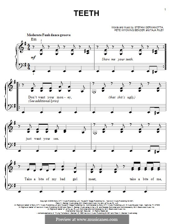Teeth (Lady Gaga): For easy piano by Pete Wyoming Bender, Stefani Germanotta, Taja Riley