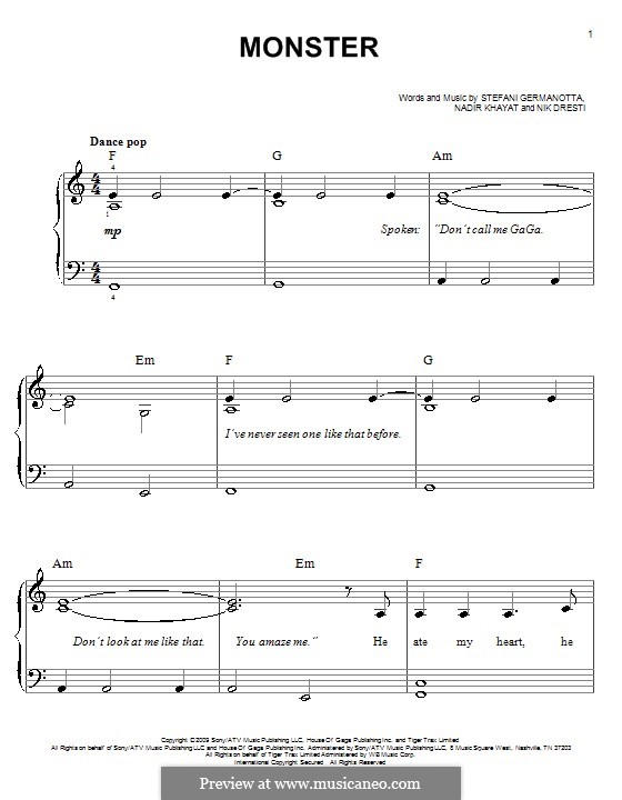 Monster (Lady Gaga): For easy piano by RedOne, Nick Dresti, Stefani Germanotta