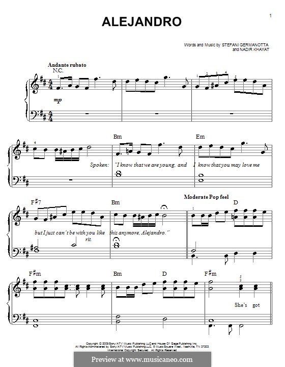 Alejandro (Lady Gaga): For easy piano by RedOne, Stefani Germanotta