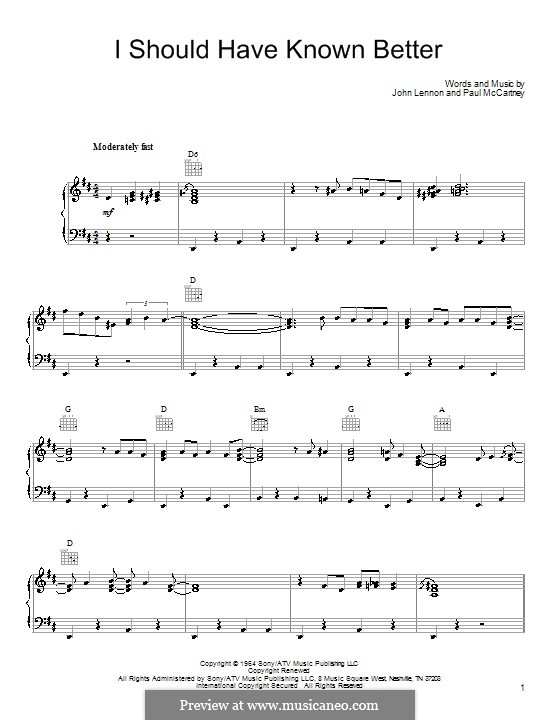 I Should Have Known Better (The Beatles): For voice and piano (or guitar) by John Lennon, Paul McCartney
