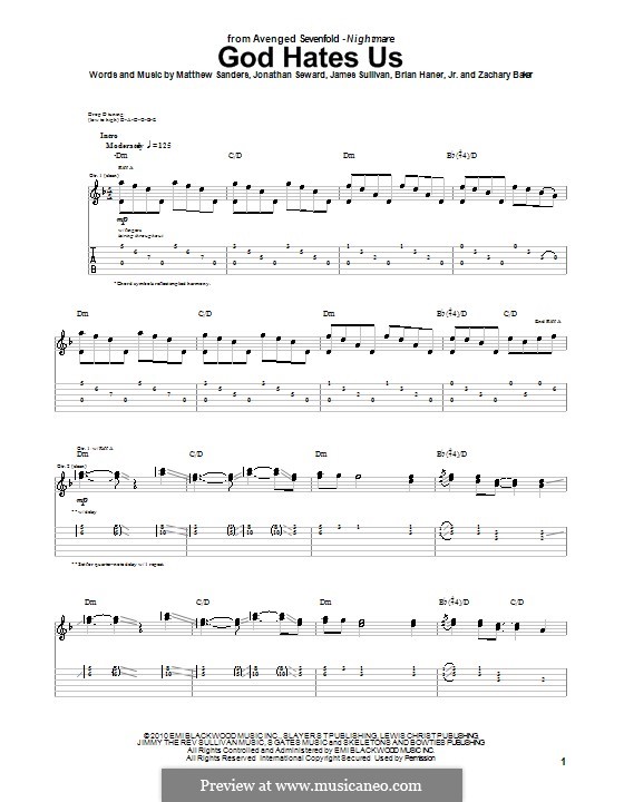 God Hates Us (Avenged Sevenfold): For guitar with tab by Brian Haner Jr., James Sullivan, Jonathan Seward, Matthew Sanders, Zachary Baker