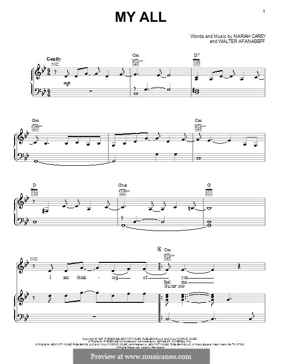 My All: For voice and piano (or guitar) by Mariah Carey, Walter Afanasieff