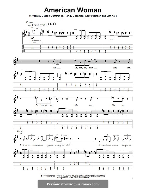 American Woman (Lenny Kravitz): For guitar with tab by Burton Cummings, Garry Peterson, Jim Kale, Randy Bachman