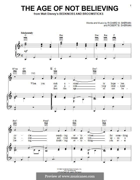 The Age of Not Believing (Angela Lansbury): For voice and piano (or guitar) by Richard M. Sherman, Robert B. Sherman