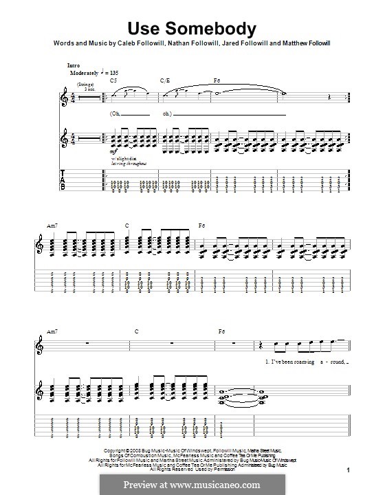 Use Somebody (Kings of Leon): For guitar with tab by Anthony Caleb Followill, Jared Followill, Matthew Followill, Nathan Followill