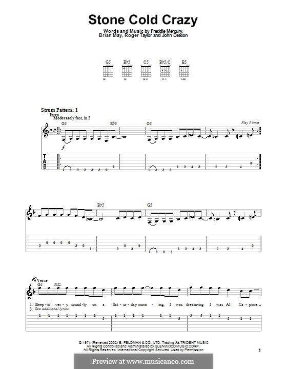 Stone Cold Crazy (Queen): For easy guitar with tabulature by Brian May, Freddie Mercury, John Deacon, Roger Taylor