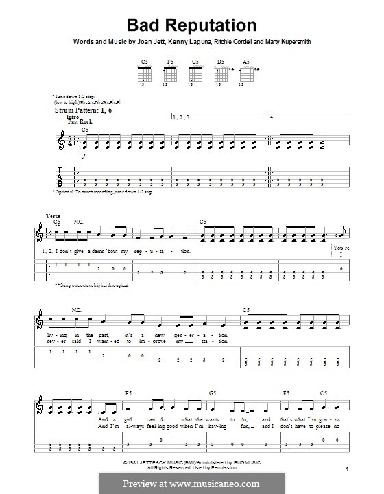 Bad Reputation (Joan Jett): For guitar (very easy version) by Kenny Laguna, Marty Kupersmith, Ritchie Cordell