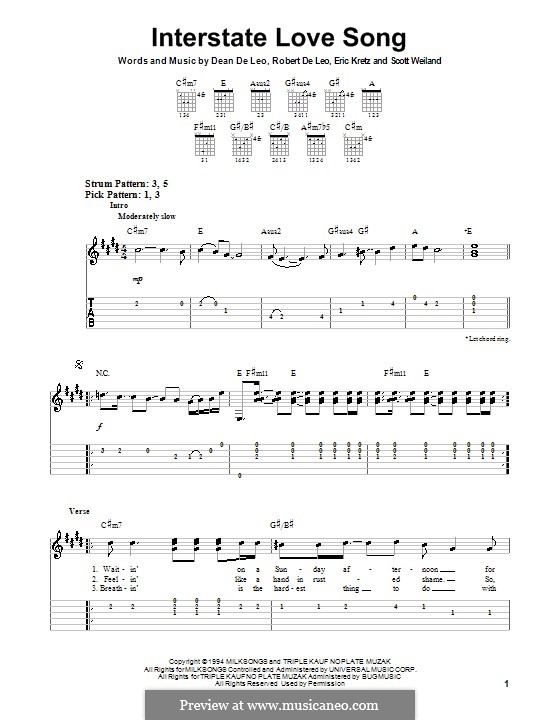 Interstate Love Song (Stone Temple Pilots): For guitar (very easy version) by Dean DeLeo, Eric Kretz, Robert DeLeo, Scott Weiland