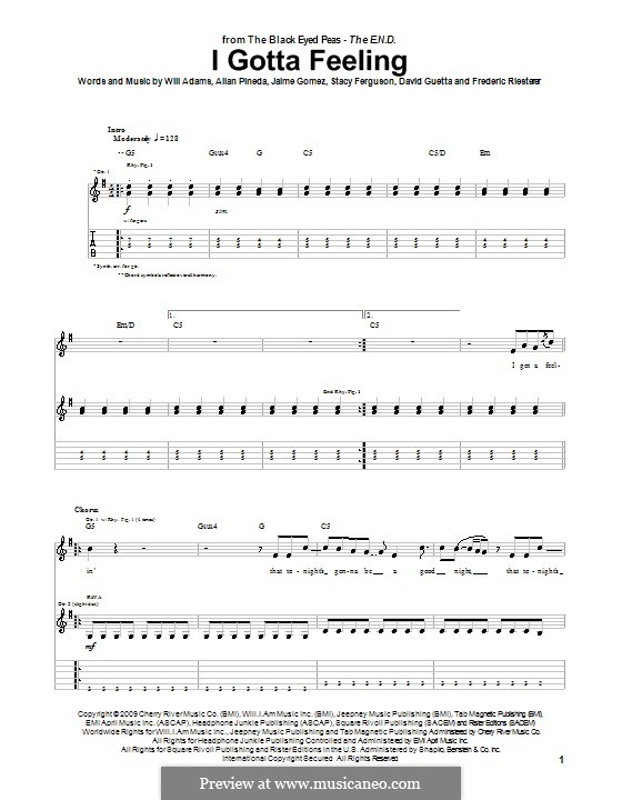 I Gotta Feeling (The Black Eyed Peas): For guitar with tab by apl.de.ap, David Guetta, Frédéric Riesterer, Jaime Gomez, Stacy Ferguson, will.i.am