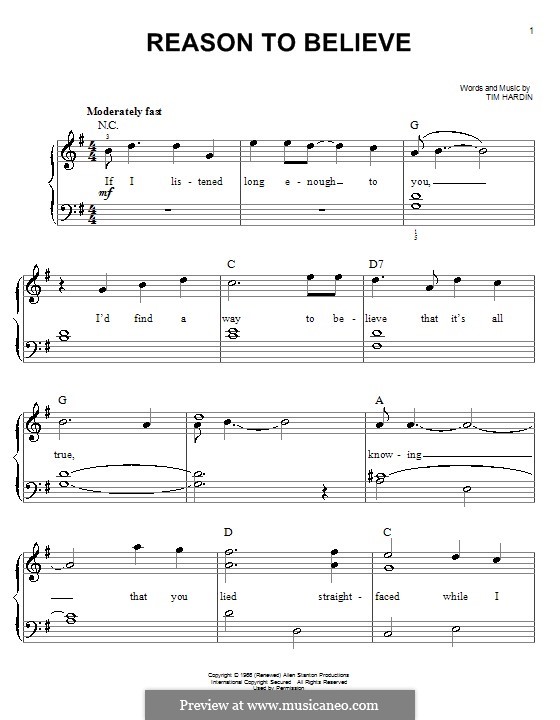 Reason To Believe by T. Hardin - sheet music on MusicaNeo