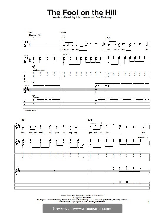 The Fool on the Hill (The Beatles): For guitar with tabulature by John Lennon, Paul McCartney