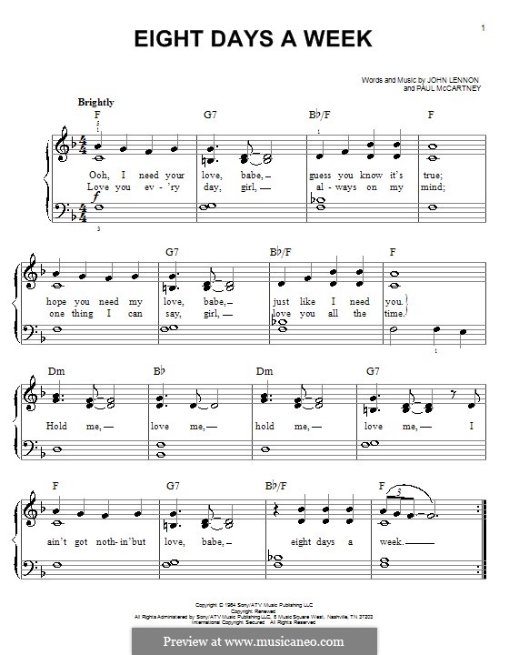 Eight Days a Week (The Beatles): For easy piano by John Lennon, Paul McCartney
