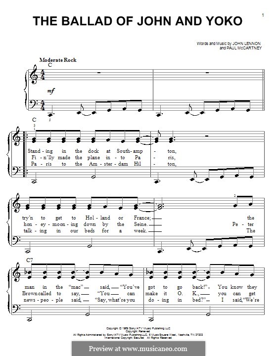 The Ballad of John and Yoko (The Beatles): For easy piano by John Lennon, Paul McCartney