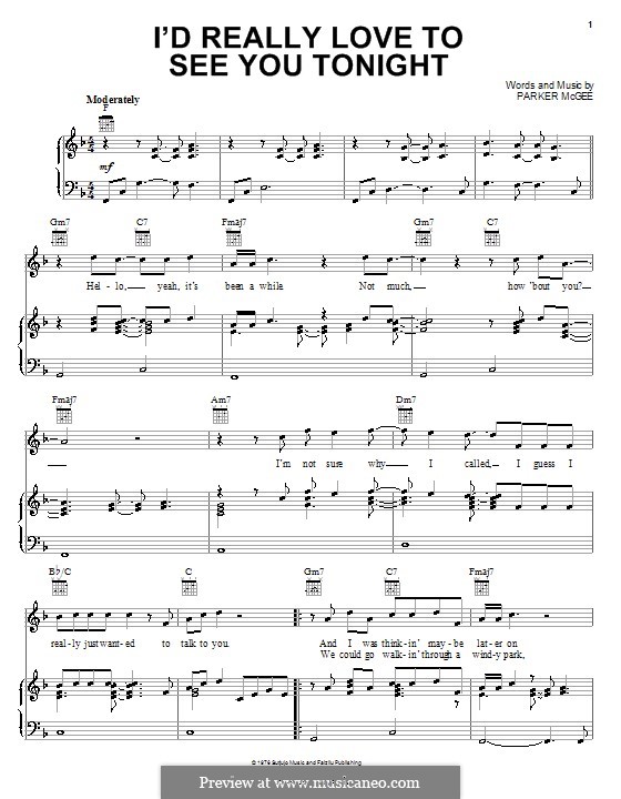 I'd Really Love to See You Tonight (England Dan and John Ford Coley): For voice and piano (or guitar) by Parker McGee