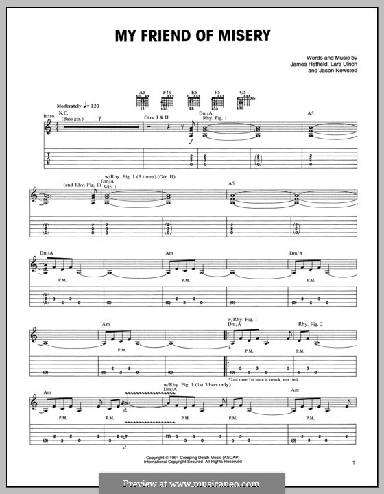 My Friend of Misery (Metallica): For guitar with tab by James Hetfield, Jason Newsted, Lars Ulrich