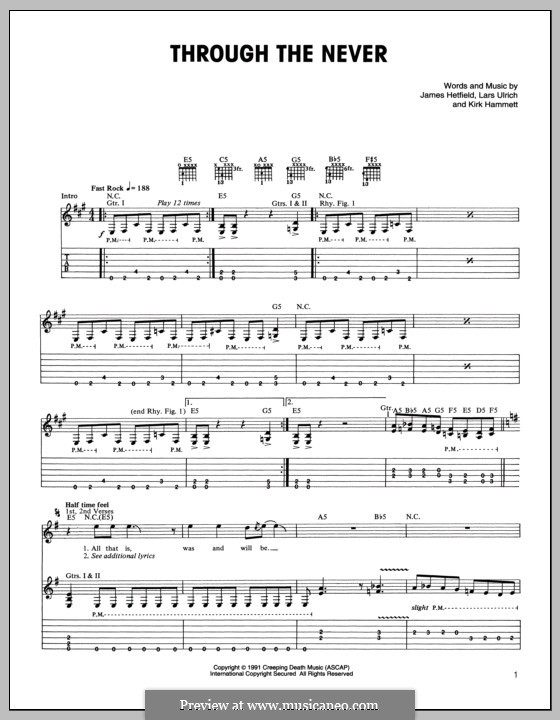 Through the Never (Metallica): For guitar with tab by James Hetfield, Kirk Hammett, Lars Ulrich