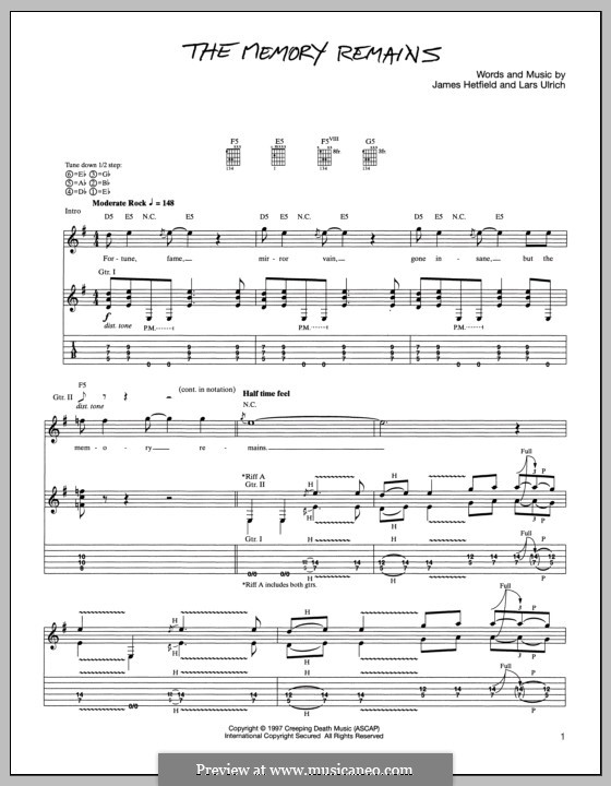 The Memory Remains (Metallica): For guitar with tab by James Hetfield, Lars Ulrich