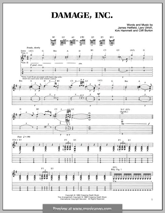 Damage, Inc (Metallica): For guitar with tab by Cliff Burton, James Hetfield, Kirk Hammett, Lars Ulrich