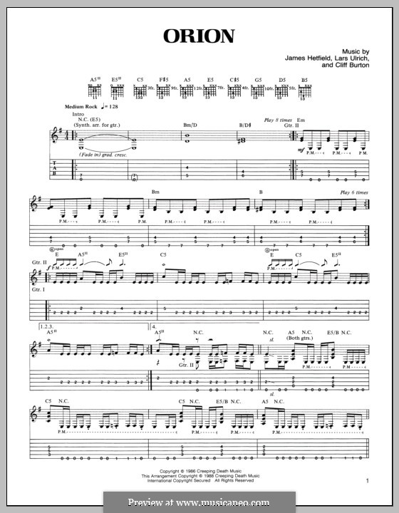 Orion (Metallica): For guitar with tab by Cliff Burton, James Hetfield, Lars Ulrich