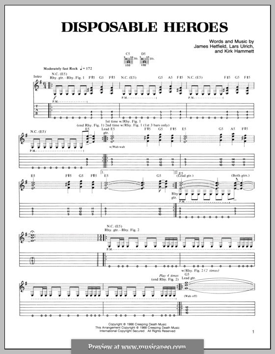 Disposable Heroes (Metallica): For guitar with tab by James Hetfield, Kirk Hammett, Lars Ulrich