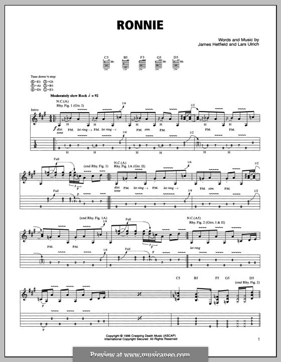 Ronnie (Metallica): For guitar with tab by James Hetfield, Lars Ulrich