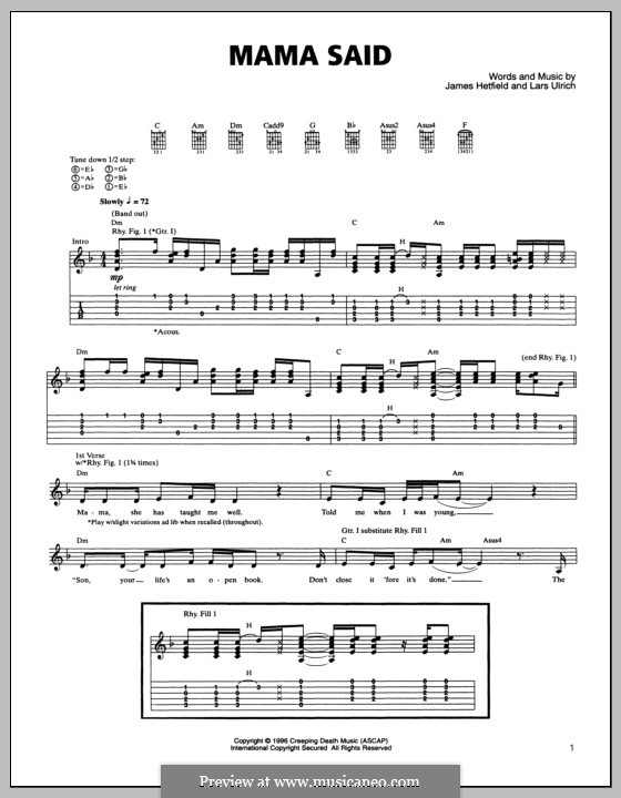 Mama Said (Metallica): For guitar with tab by James Hetfield, Lars Ulrich