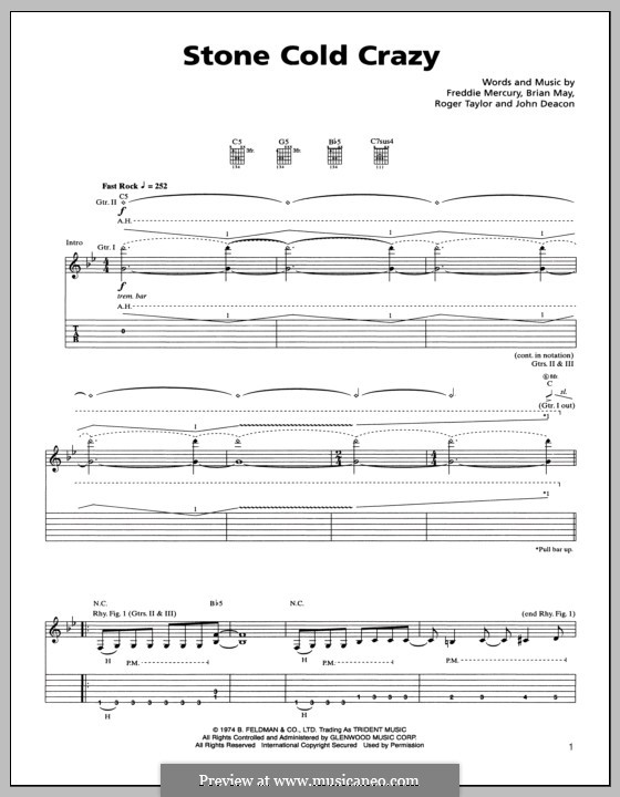 Stone Cold Crazy (Queen): For guitar with tabulature by Brian May, Freddie Mercury, John Deacon, Roger Taylor