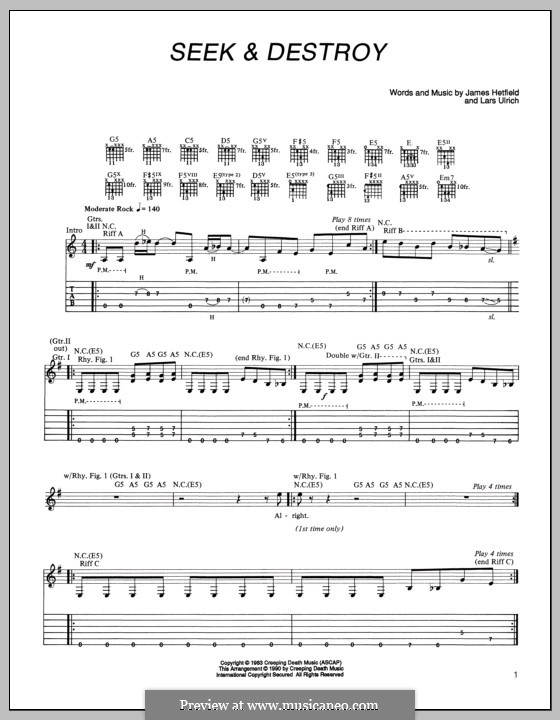 Seek and Destroy (Metallica): For guitar with tab by James Hetfield, Lars Ulrich