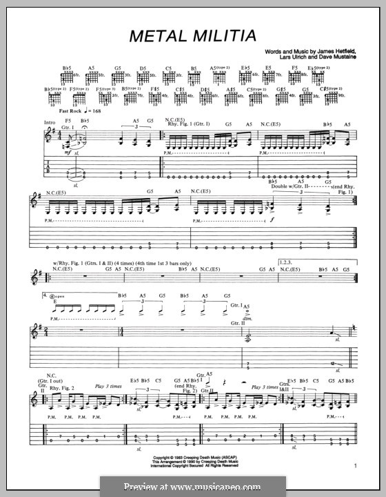 Metal Militia (Metallica): For guitar with tab by Dave Mustaine, James Hetfield, Lars Ulrich