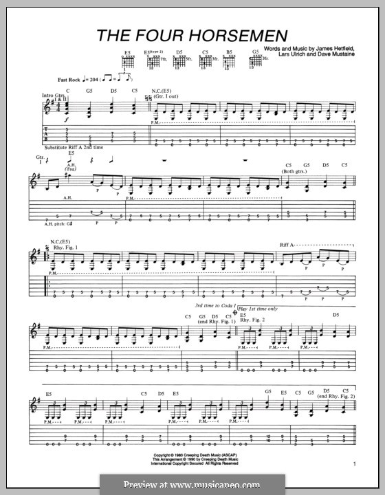 The Four Horsemen (Metallica): For guitar with tab by Dave Mustaine, James Hetfield, Lars Ulrich