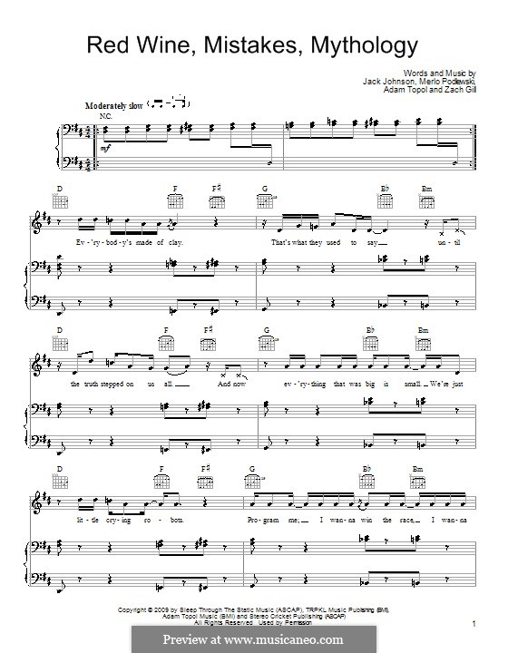 Red Wine, Mistakes, Mythology: For voice and piano (or guitar) by Adam Topol, Merlo Podlewski, Zach Gill
