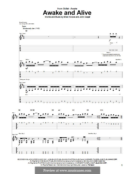 Awake and Alive (Skillet): For guitar with tab by Brian Howes, John Cooper