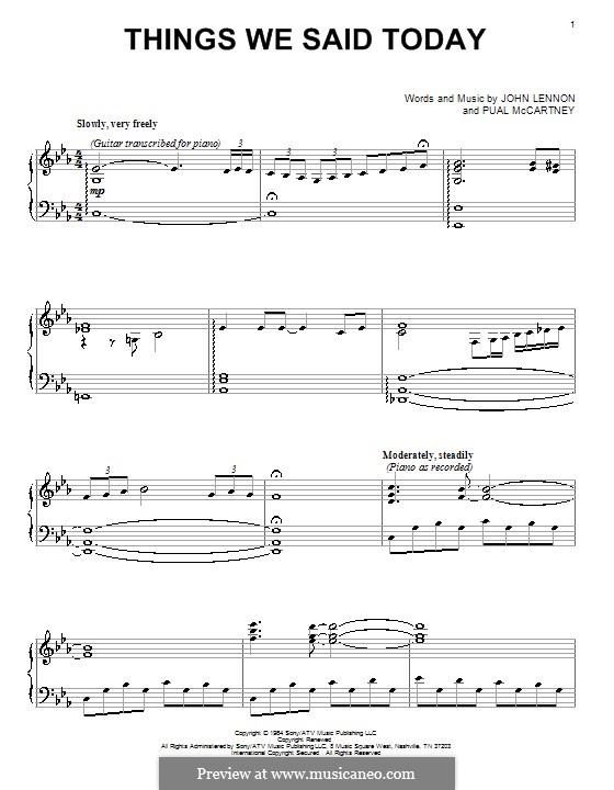 Things We Said Today (The Beatles): For piano by John Lennon, Paul McCartney