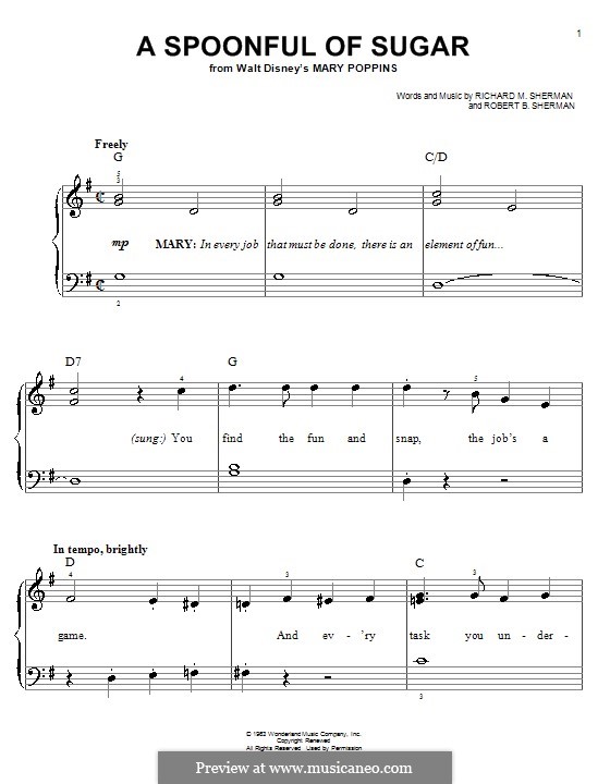 A Spoonful of Sugar (from Mary Poppins): For easy piano by Richard M. Sherman, Robert B. Sherman